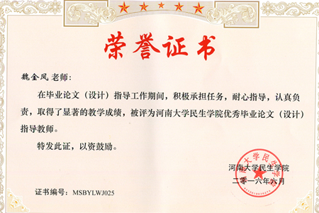 魏金凤2016年毕业论文优秀指导教师